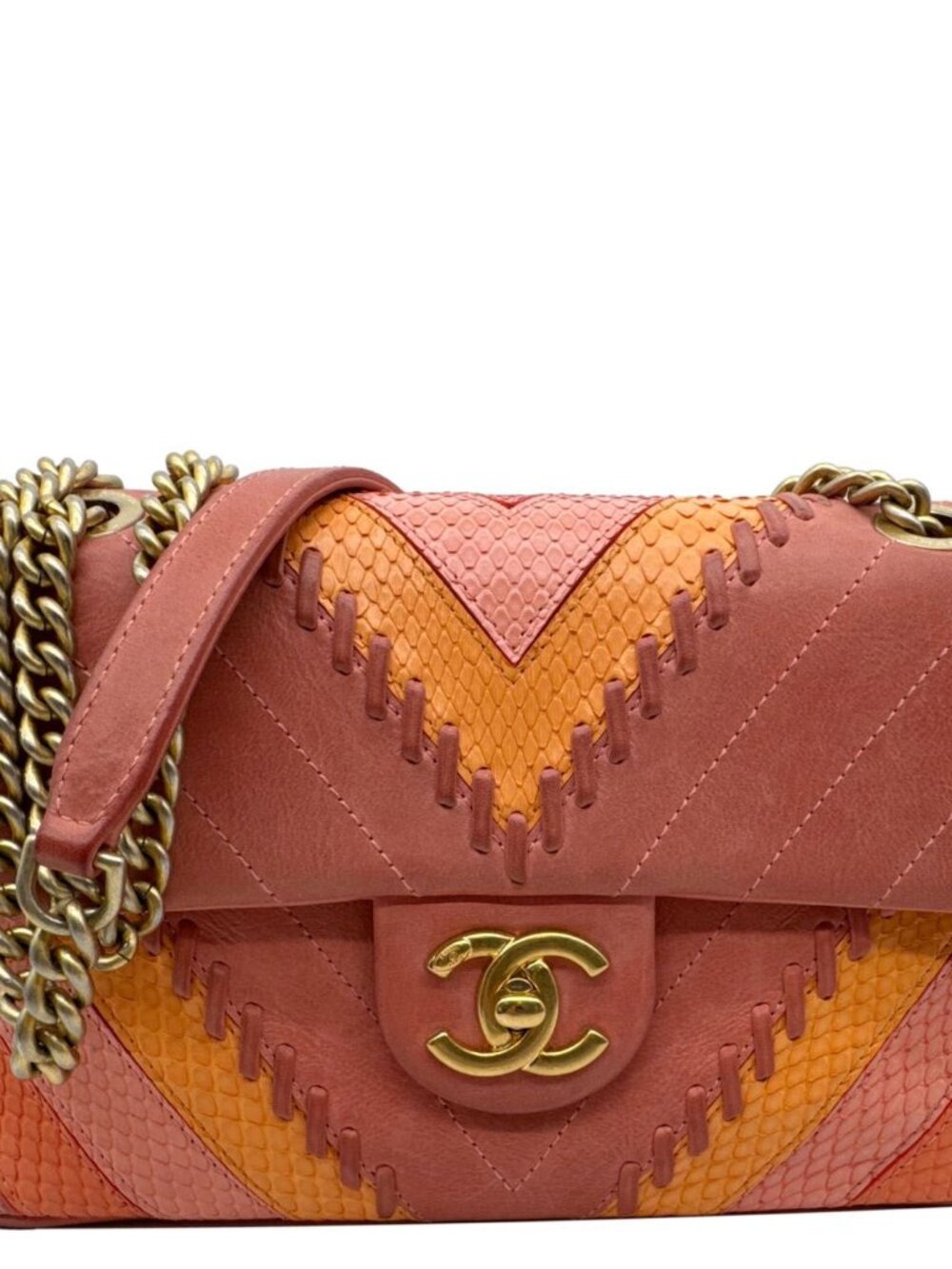 Chanel  Paris-Cuba Flap Python Patchwork Chevron Leather Shoulder Bag Multicolor